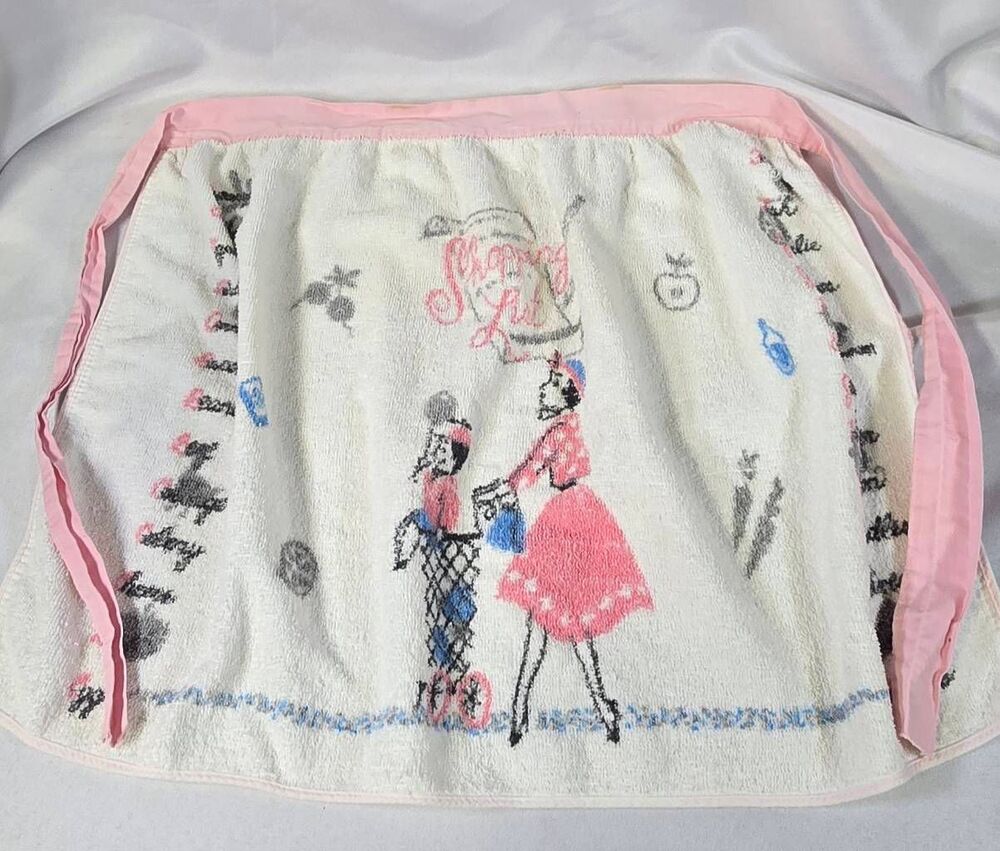 Vintage 1950s Terry Cloth Novelty Apron – Retro "Shopping List" Kitschy Style